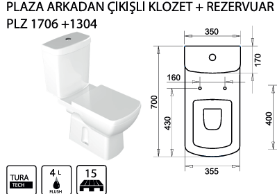 TURAVİT PLAZA ARKADAN ÇIKIŞLI KLOZET / REZERVUAR KOD: PLZ 1706+1304